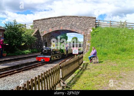 Ein Dampfzug der Ravenglass und Eskdale Heritage Railway, der an einem Sommertag durch die Irton Station Eskdale Green fährt Stockfoto