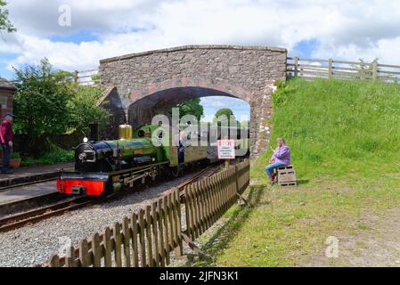 Ein Dampfzug der Ravenglass und Eskdale Heritage Railway, der an einem Sommertag durch die Irton Station Eskdale Green fährt Stockfoto