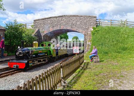 Ein Dampfzug der Ravenglass und Eskdale Heritage Railway, der an einem Sommertag durch die Irton Station Eskdale Green fährt Stockfoto