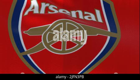 London, Großbritannien, 2022. Mai: Die Flagge des Arsenal Football Club winkt. Arsenal ist ein professioneller Fußballverein mit Sitz in Islington, London, England. Stockfoto