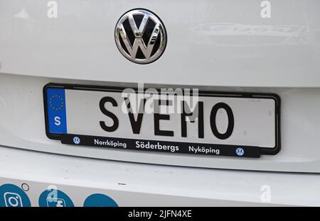 Die schwedische Meisterschaftswoche (auf schwedisch: SM-Veckan) am Freitag in Linköping, Schweden. Im Bild: Svemo-Lizenznummer auf einem Auto, Stockfoto