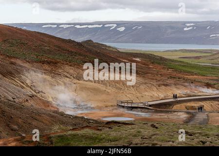 Seltun Geothermie Feld, im Krysuvik Gebiet auf der Halbinsel Reykjanes Stockfoto