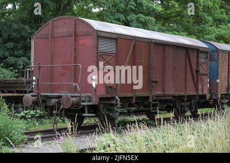 Alter rostiger Güterwagen auf dem Abstellgleis auf überwucherten Eisenbahnschienen, Transportkonzept, Kopierraum, ausgewählter Fokus Stockfoto