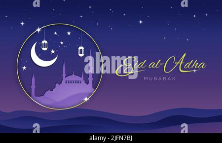 Eid al-adha Banner in Papierhandwerk oder Origami-Designs. Halbmond, Moschee, Laternen und Sternenelemente. Vektorgrafik. Stock Vektor