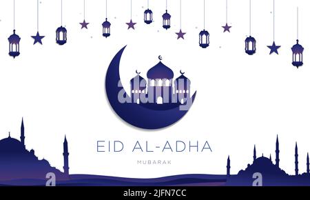 Eid al-adha Banner in Papierhandwerk oder Origami-Designs. Halbmond, Moschee, Laternen und Sternenelemente. Vektorgrafik. Stock Vektor