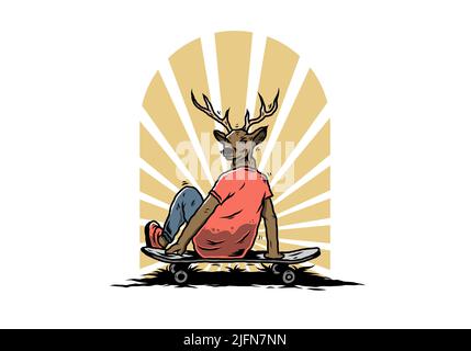 Illustration Design eines Mannes mit Hirschkopf auf dem Skateboard sitzend Stock Vektor