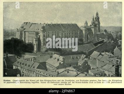 Kraków. Gesamtansicht von Wawel mit dem Königsschloss und der Kathedralkirche von Nordosten aus gesehen. Das Innere des königlichen Schlosses wird derzeit renoviert. Neben der Kathedrale standen noch Ende des 18.. Jahrhunderts auf dem Wawel-Hügel zwei weitere Kirchen. Aus dem Buch "Galizien, seine kulturelle und wirtschaftliche Entwicklung. [ Galicien, seine kulturelle und wirtschaftliche Entwicklung. ] Herausgeber und verantwortlicher Herausgeber Siegmund Bergmann. 1912 Stockfoto