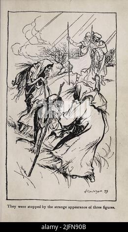 Macbeth ' Sie wurden durch das seltsame Auftreten von drei Figuren gestoppt ' Gravierung mit Darstellung aus dem Buch ' Tales from Shakespeare ' von Charles und Mary Lamb, illustriert von Arthur Rackham, Erscheinungsdatum 1908 Verlag London : J.M. Dent & Co. ; New York : E.P. Dutton & Co Stockfoto