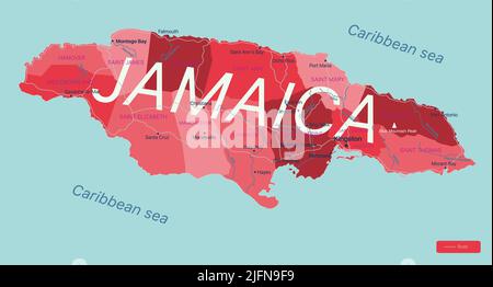 Jamaika Land detaillierte editierbare Karte mit Regionen Städte und Städte, Straßen und geografische Standorte. Vector EPS-10-Datei Stock Vektor