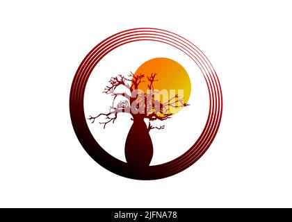 Boab oder Baobab Tree Vector isoliert, Baum Silhouette Kreis Logo Konzept Symbol, Illustration Zeichen isoliert auf Sonnenuntergang Hintergrund Stock Vektor