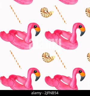 Süßer rosa Flamingo Schwimmkreis, Muschelmeer und Stroh für Cocktail. Sommer Aquarell-Illustration, handgezeichnet, nahtloses Muster für Karten-Design, in Stockfoto