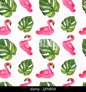 Niedlicher rosa Flamingo Schwimmzirkund grünes Monstera Blatt tropisches, Aquarell botanisches Muster, handgezeichnet. Perfekt für Kartengestaltung, Einladung Stockfoto