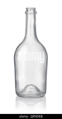 Vorderansicht einer leeren, transparenten Glasflasche mit Lauge, isoliert auf Weiß Stockfoto