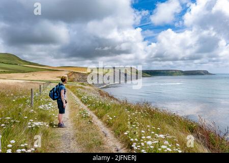 Eine Wandererin blickt von einem Küstenpfad auf einer Klippe in Richtung St Aldhelms Head, Dorset. Ein Weltkulturerbe und Teil der jurassischen Küste. Stockfoto