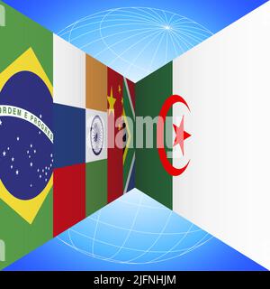 BRICS-Flaggen Länder und Algerien-Flagge mit Erdkugel in Perspektive auf dem blauen Hintergrund, Vektorgrafik Stock Vektor