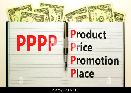 PPPP Produkt Preis Promotion Ort Symbol. Konzept Worte PPPP Produkt Preisförderung auf weiße Note auf schönen Dollar Hintergrund. Business und Stockfoto