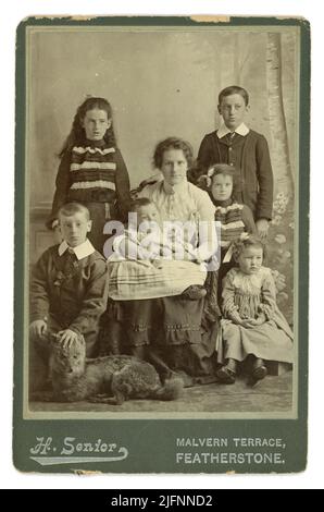 Original viktorianische oder frühe edwardianische Kabinettkarte Foto von einer Frau aus der Mittelschicht mit 6 Kindern, die 2 jüngsten Kinder möglicherweise ihre neue Familie. Die Frau trägt eine Bluse und Rock - taillierte Ärmel, hoher Ausschnitt der Bluse. Die Jungen tragen formelle Anzüge mit steifen Kragen. Es gibt einen seltsamen Taxiderhund, der als Requisite verwendet wird, Studio of H. Senior, Malvern Terrace, Featherstone, Wakefield, West Yorkshire, England, Großbritannien um 1900, 1901.