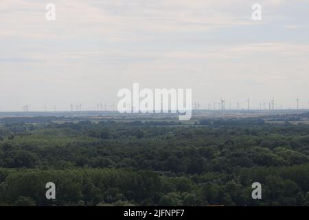 Blick von der Burg Bratislava auf ein Feld mit vielen Windkraftanlagen in einer grünen Hügellandschaft nahe der österreichisch-slowakischen Grenze Stockfoto