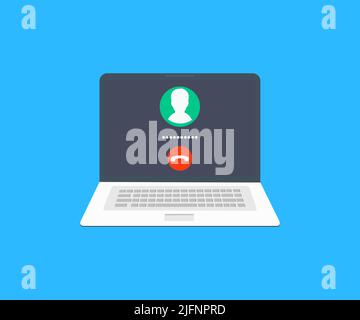 Laptop für Videoanrufe, Anrufbildschirm Laptop-Schnittstelle Logo-Design. Vektordesign und Illustration der Schaltflächen für eingehende Anrufe, Annehmen und Ablehnen von Anrufen. Stock Vektor