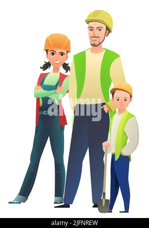 Mann und Frau und Kind Sohn Baumeister in Weste und Schutzhelm. Fröhliche Person. Stehende Pose. Cartoon Comic-Stil flach. Ein Zeichen. Illustre Stock Vektor