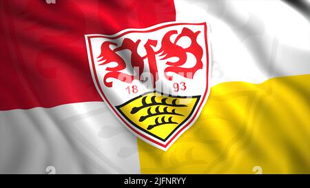 Winkende Flagge mit Emblem des deutschen Fußballvereins. Bewegung. Schöne 3D Flagge flattert im Wind mit Logo des Fußballvereins. Logo des deutschen Fußballvereins Stockfoto