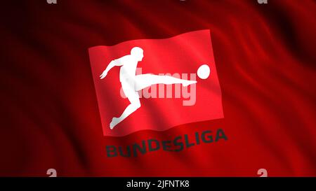 Flagge mit Emblem der Deutschen Fußball-Meisterschaft. Bewegung. Schöne Flagge mit Emblem der Deutschen Fußball Liga. Professional Football League für Stockfoto