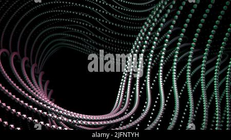 Gebogene 3D Linien von Punkten bewegen sich auf schwarzem Hintergrund. Design. Punkte bewegen sich im gekrümmten Volumenstrom. Punktfluss mit 3D Effektkurven und geometrischen Kurven im Dunkeln Stockfoto
