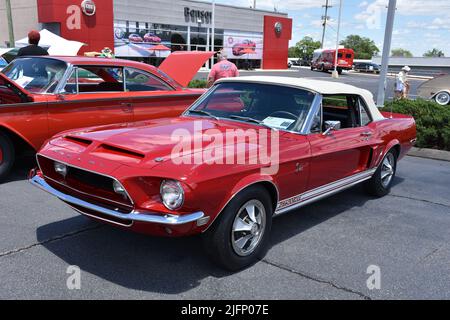 Ein Shelby Mustang GT500KR aus dem Jahr 1968, der auf einer Autoausstellung ausgestellt ist. Stockfoto