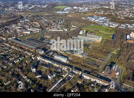 Luftaufnahme, West Park und Centennial Hall Bochum im Bezirk ThyssenKrupp City Centre-West in Bochum, Ruhrgebiet, Nordrhein-Westfalen, Deutschland, Stockfoto