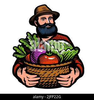Landwirt hält Korb voll von frischem Gemüse. Landwirtschaft, Bauernhof, Bio-Lebensmittel Emblem. Cartoon-Vektorgrafik Stock Vektor