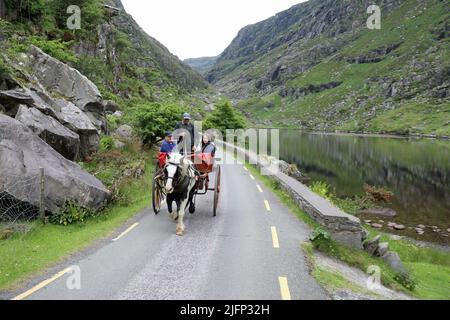 Touristen in einem jaunting Auto an der Gap of Dunloe in der Grafschaft Kerry Stockfoto