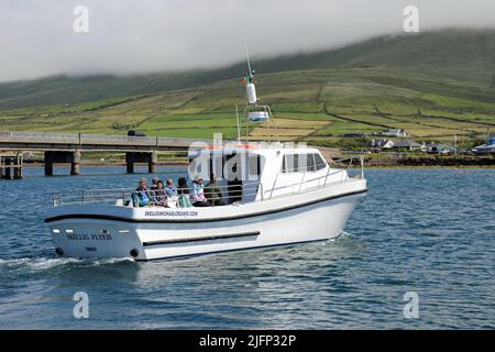 Touristen auf einer Kreuzfahrt nach Skellig Michael in der Grafschaft Kerry, die ein Drehort für Star Wars war Stockfoto