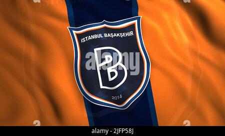 Logo des türkischen Fußballclubs. Bewegung. 3D Hintergrund der wehenden Flagge mit Emblem des türkischen Fußballvereins. Istanbul Basaksehir Turkish Football Club Stockfoto