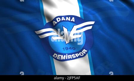 Logo des türkischen Fußballclubs. Bewegung. 3D Hintergrund der wehenden Flagge mit Emblem des türkischen Fußballvereins. Der türkische Fußballverein Adana Demirspor Stockfoto