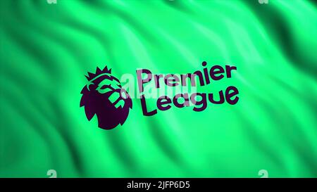 Animation mit farbenfroher Premier League Flagge. Bewegung. Winkende flagge von 3D mit Emblem der Premier Soccer League. Englische Premier League Football Championship Stockfoto