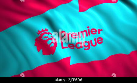 Animation mit farbenfroher Premier League Flagge. Bewegung. Winkende flagge von 3D mit Emblem der Premier Soccer League. Englische Premier League Football Championship Stockfoto