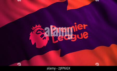 Animation mit farbenfroher Premier League Flagge. Bewegung. Winkende flagge von 3D mit Emblem der Premier Soccer League. Englische Premier League Football Championship Stockfoto