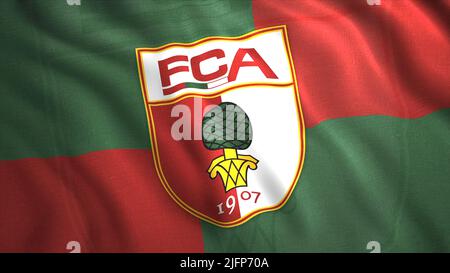 3D Flagge mit Emblem der deutschen Fußballmannschaft. Bewegung. Schöne helle Flagge winkt im Wind mit Logo der Fußballmannschaft. Wappen und Flagge von Stockfoto