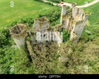 Luftaufnahme der Burg Passy Les Tours, die auf einem Barlong-Plan von etwa 50 m auf jeder Seite errichtet wurde, flankiert von vier runden Türmen und einem Bergfried Stockfoto