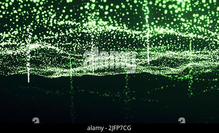 Welliger Strom von leuchtenden Partikeln. Bewegung. Kosmische Energie fließt mit Sternenfall. Starfall aus dem Strom von leuchtenden Teilchen im welligen Strom Stockfoto