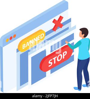 Blockieren von Internet-Sites Verbotene Benutzer isometrisches Symbol mit menschlichen Zeichen Webseiten Stopp-Symbole 3D Vektor-Illustration Stock Vektor