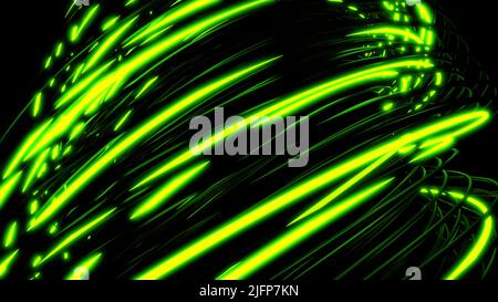 Rotierender 3D Vortex mit Neonlinien auf schwarzem Hintergrund. Design. Seitenansicht des rotierenden 3D Vortex. Starker Wirbel von Neonlinien im Cyberspace Stockfoto