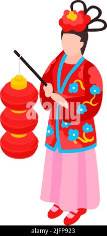 Isometrische chinesische Neujahrskomposition mit menschlichem Charakter mit roten Laternen und festlichen Accessoires Vektor-Illustration Stock Vektor