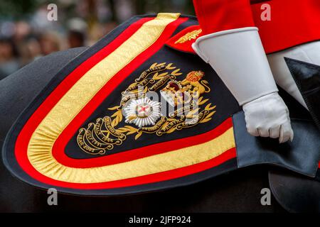 Sattelkissen des Coldstream Guards berittenen Offiziers bei Trooping the Color, Colonel’s Review in der Mall, London, England, Vereinigtes Königreich am Samstag, den Mai Stockfoto