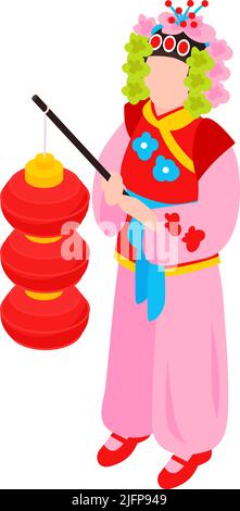 Isometrische chinesische Neujahrskomposition mit menschlichem Charakter mit roten Laternen und festlichen Accessoires Vektor-Illustration Stock Vektor