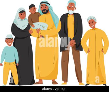 Flache arabische Familie mit Großeltern Eltern Kinder Vektorgrafik Stock Vektor
