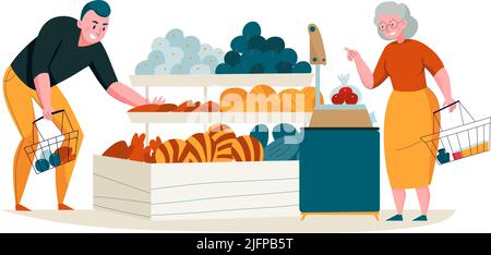 Supermarkt Zusammensetzung mit jungen Mann und ältere Frau Kauf Gemüse mit Körben Vektor-Illustration Stock Vektor
