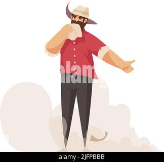 Anhalter Autostop Komposition mit Doodle Stil Charakter der Reise Cowboy mit Staub Wolken Vektor-Illustration Stock Vektor