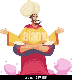 Zirkus Komposition mit isoliertem männlichen Charakter des orientalischen Zauberers fliegen auf Teppich Vektor Illustration Stock Vektor