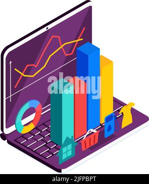 Isometrische Online-Mobile-Bank-Zusammensetzung mit Symbolen von Laptop-Infografik-Bars und Währungskarten Vektor-Illustration Stock Vektor